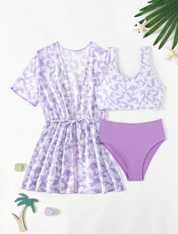Three Piece Split Swimsuit Cover Print