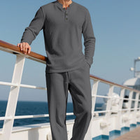 Mens Casual Solid-Color Button-Down Crew-Neck Long-Sleeve Pants Set
