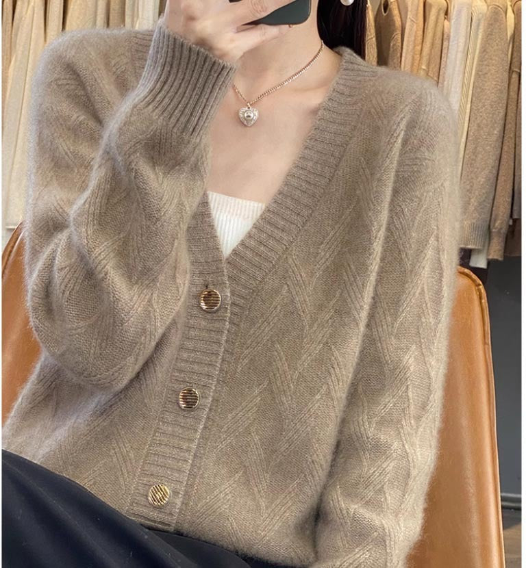 Knitted Wool Cardigan Women's V-neck Solid Color Baggy Coat