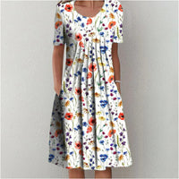Spring And Summer Women's Elegant Large Swing Round Neck Printed Short Sleeve Dress