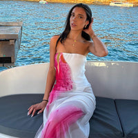 Summer Floral Print Tube Top Slit Bodycon Mesh Dress For Women