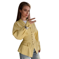 Simple French Waist V-neck Shirt Slim Fit Brown Long Sleeve
