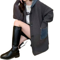 Mid Length Loose Fit Denim Patchwork Knit Cardigan
