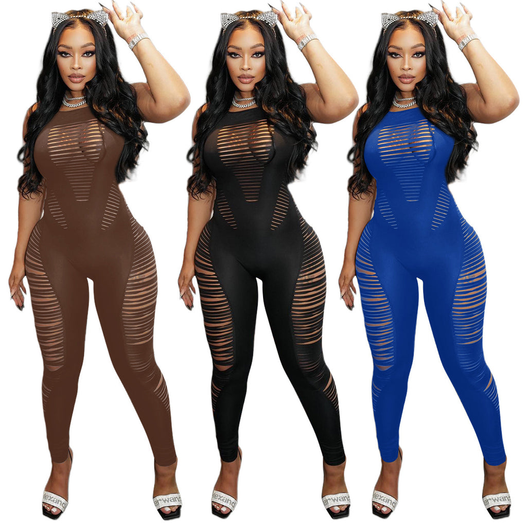 Sleeveless Nightclub Outfit Hollow Burnt Jumpsuit