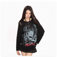 Ladies' Spring And Autumn Look Thin Loose Printed Knitted Sweater Hoodie Top