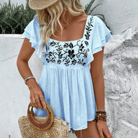 Women's Casual Lace-trimmed Square-neck Embroidered Shirt