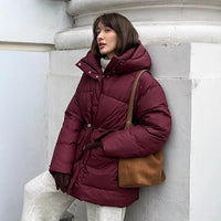 Wine Red Hooded Cotton Jacket Lace-up Waist Zipper Bread Thermal Cotton-padded Coat