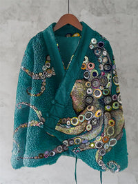Womens Printed Kimono Cardigan Fleece Jacket Fashionable Womens Outerwear