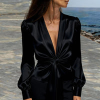 Elegant V-neck Satin Womens Blouse With Long Sleeves And A Tie Detail
