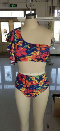 Sexy one-shoulder ruffle print swimsuit