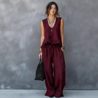 V-neck Sleeveless Ruffled Hem Dark Gray Casual Set