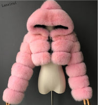 Short Hooded Faux Fur Long Sleeve Coat
