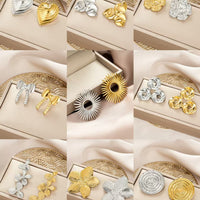 Oval Stainless Steel Earrings, Trendy Geometric Heart Texture, 18K Gold Plated Ear Studs, Titanium Steel