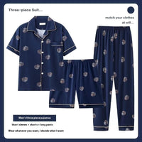 Three-piece Pajamas Men's Summer Pure Cotton Short Sleeve Trousers Suit