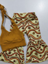Girls' Knitted Sling Backless Tube Top Top Wave Flower Bell-bottom Pants Suit