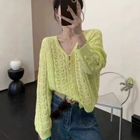 Women's Solid Color Hollow Crocheted V-neck Long-sleeve Knitwear