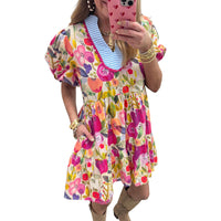 Versatile Floral Print Striped Trim Dress For Women