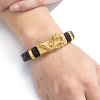 Gold And Steel-Colored Leopard-Pattern Dragon Pi Xiu Stainless Steel Leather Magnetic-Clasp Mens Bracelet
