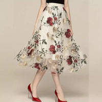 Women's Vintage High-waisted Embroidered Peony Midi Skirt