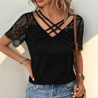 V-neck Basic Casual T-shirt Lace-panel Short-sleeve Top For Women