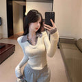 Preppy-style Mock Two-piece Polo-neck Knit Top