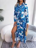 Women's Floral Print Lapel Tie Waist Shirt Maxi Dress