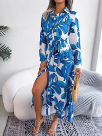 Women's Floral Print Lapel Tie Waist Shirt Maxi Dress