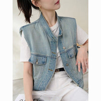Retro Distressed Shoulder-Padded Denim Waistcoat Women's Irregular Jacket