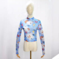 Women's Mesh Hollow-Out Butterfly Print Long-Sleeve Base Shirt