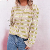 Striped Contrast Color Knitted Cardigan Simple Commute Round Neck Sweater