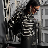 Striped Sweater Retro Contrast Color Striped Polo Collar Knitted T-shirt