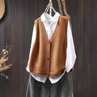 Spring And Autumn Outer Wear Solid Color And V-neck Color Buckle Knitted Cardigan Vest Vest For Women