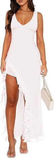 V-neck Hemline Dress Sleeveless Womens Clothing With A Letter-print Ruffled Trim