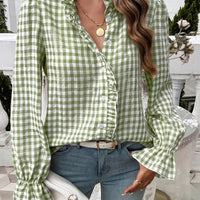 Women's French-style Plaid Shirt With Wooden Ears