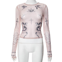 Summer Animal And Plant Printed Mesh Round Neck Long Sleeve T-shirt