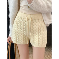 Retro Minimalist Cable-knit Linen Shorts With Elastic Waist