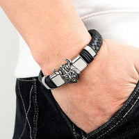 Lion Ox Head Tiger Heavy-Duty Stainless Steel Genuine Leather Magnetic-Clasp Mens Bracelet