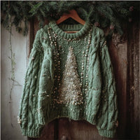 Womens Crew-neck Printed Long-sleeve Knit Sweater