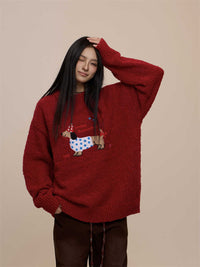 Christmas Red Couple's Sausage Dog Towel Embroidered Sweater