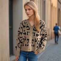 Women's Leopard Print Short Sweater V-neck Casual Knitted Cardigan Top