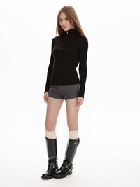 Black Long Sleeve Turtleneck Sweater Zipper Thickening Bottoming Shirt