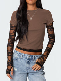 Sexy Women's Fake Two-piece Long Sleeve Crew Neck T-shirt