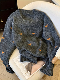 Women's Comfortable Sweater With Heart Pattern Long-Sleeved Crew-Neck Pullover