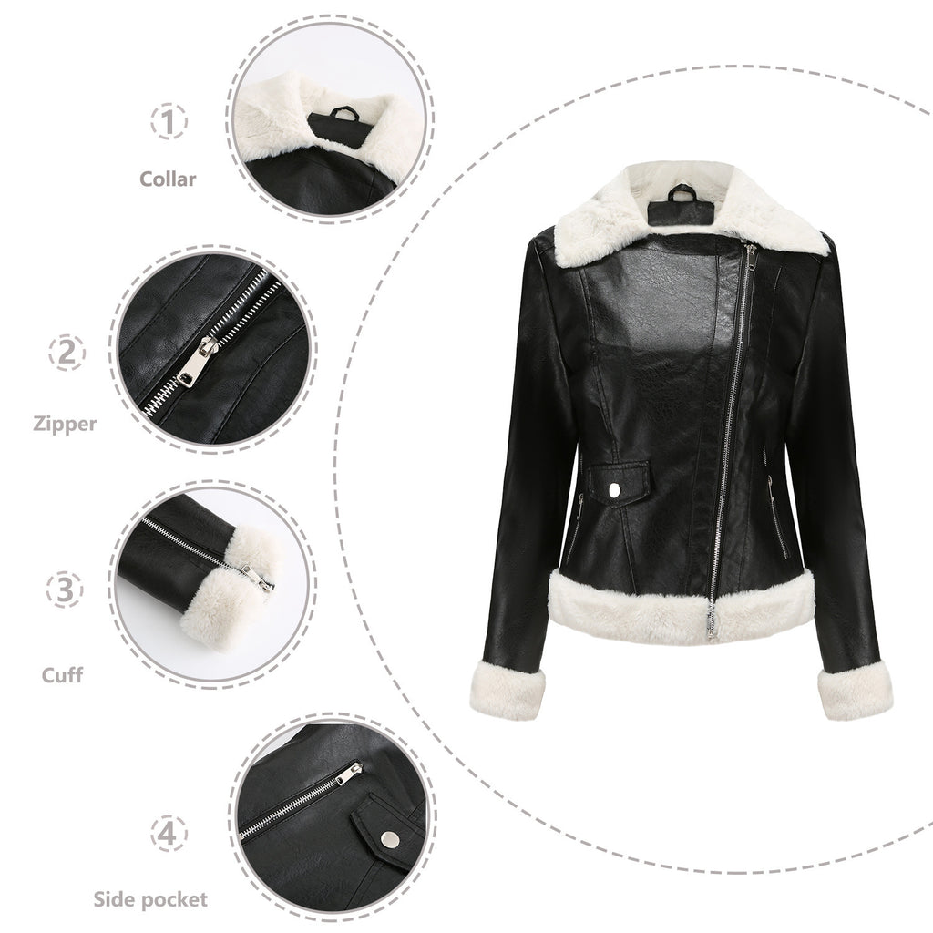 Fleece Leather Jacket Female European Code Warm Long Sleeves Turn-down Collar Coat