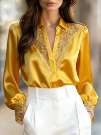 Women's Solid-Color Niche Lace V-Neck Puff-Sleeve Shirt