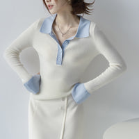 French Style Polo Collar Knitted Bottoming Shirt Long Sleeve Contrast Color Slim Fit Sweater