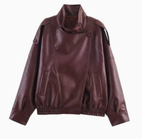 Womens Fashion Faux-leather Jacket With A Stand-up Collar From Europe And The US