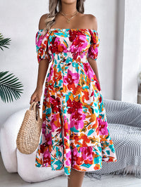 Women's Casual Floral Print Square Neck Short Sleeve Tie Waist Ruffle A-Line Dress