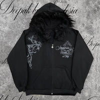 Black Zipper Divided Print Fleece Hooded Sweatshirt