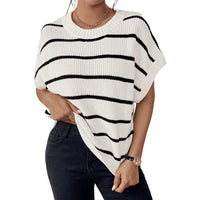 Striped Wool Round Neck Contrast Drop Shoulder Sweater With Short Sleeves